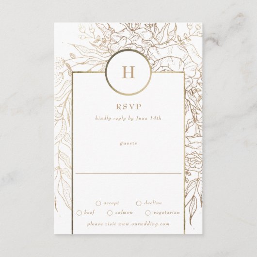 Premium Elegant Gold Monogram Wreath Wedding RSVP Karte (Vorderseite)