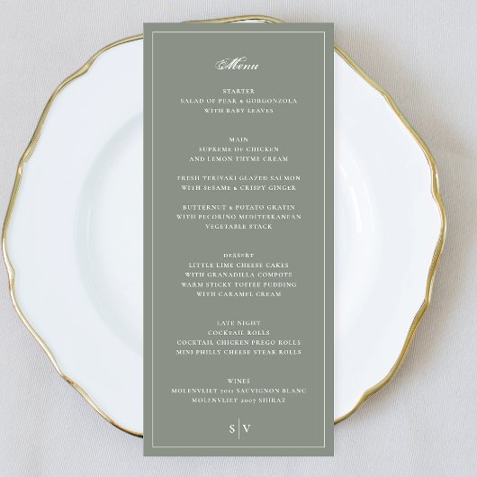 Premium Gerahmt Sage Green Monogram Wedding Menükarte
