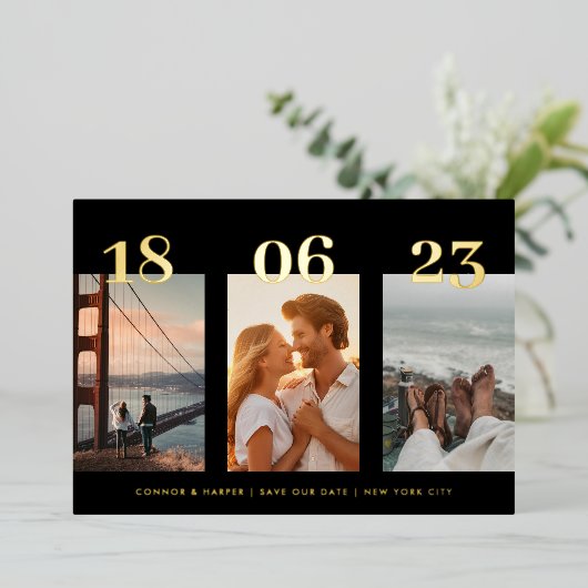 Premium GOLD VIER Foto WEDD speichern das Datum Folieneinladung (Stehend vorne)