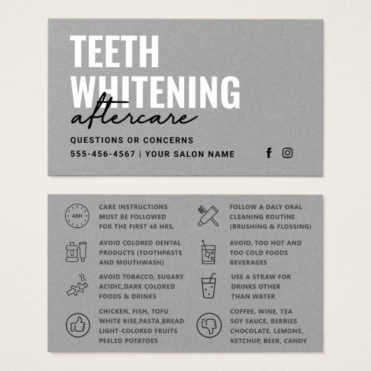Premium Grau Modern Teeth Whitening Aftercare Card (Vorne & Hinten)