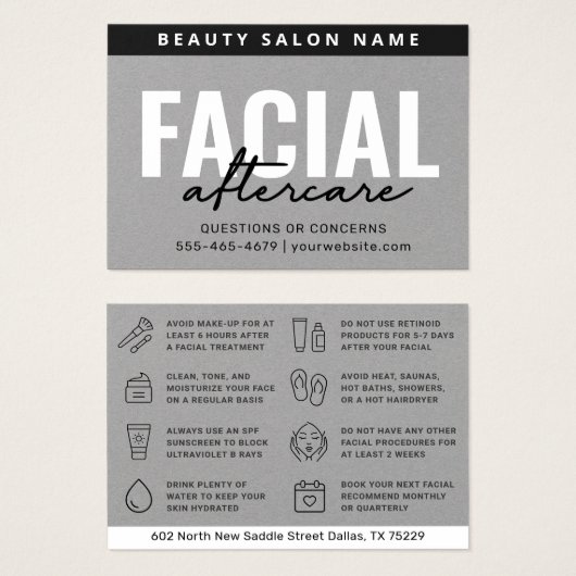 Premium Gray Facial Aftercare Instruction Card (Vorne & Hinten)