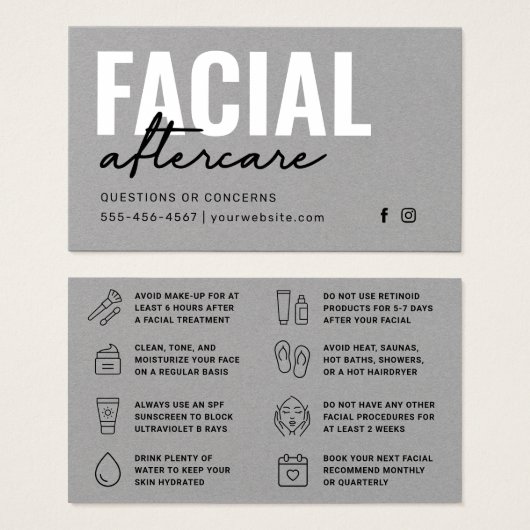 Premium Gray Facial Aftercare Instructions Card (Vorne & Hinten)