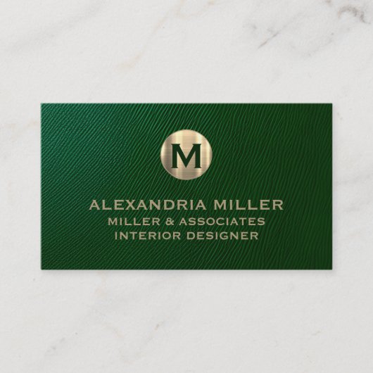 Premium Green Leather Gold Monogram Visitenkarte (Vorderseite)