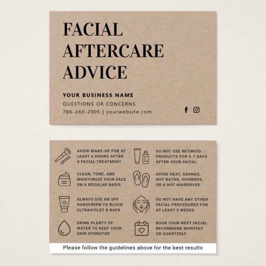 Premium Kraft Facial Aftercare Instructions Card (Vorne & Hinten)