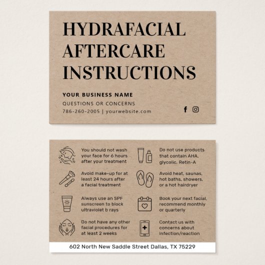 Premium Kraft HydraFacial Aftercare Advice Card (Vorne & Hinten)