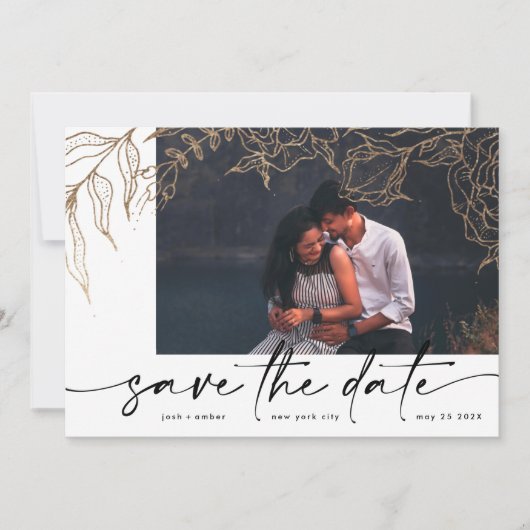 Premium | Modernes Black Forever Foto Gold Floral Save The Date (Vorderseite)