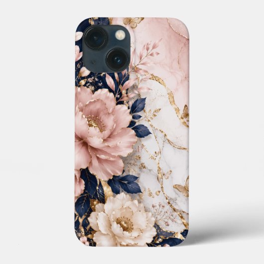 Premium Navy Blau & Rosa Botanical Marmor Case-Mate iPhone Hülle (Rückseite)