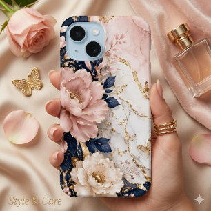 Premium Navy Blau & Rosa Botanical Marmor Case-Mate iPhone Hülle