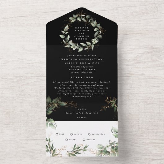 Premium Onyx Black Eucalyptus Wreath Wedding All In One Einladung (Innen Boden)