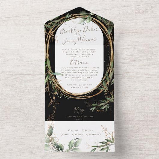 Premium Onyx Black Greenery Eucalyptus Wedding All In One Einladung (Innen Boden)