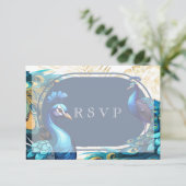 Premium Peacocks Feathers Wedding RSVP Karte (Stehend Vorderseite)