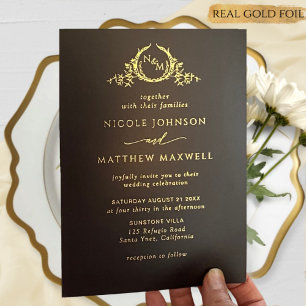 Premium Real Gold Elegant Monogram Black Wedding Folieneinladung