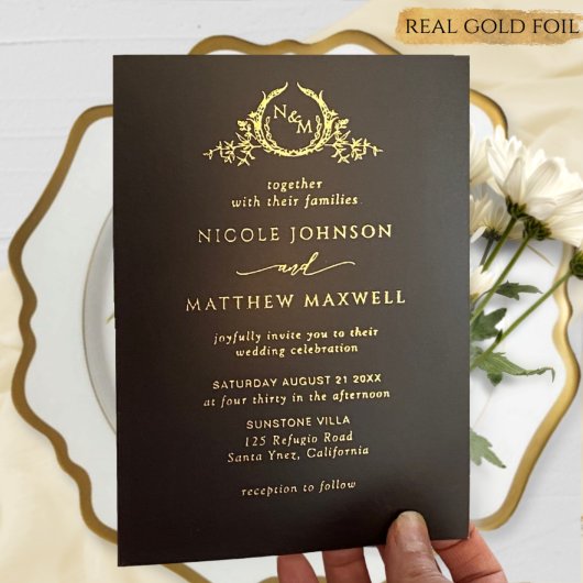 Premium Real Gold Elegante Monogram Black Wedding Folieneinladung