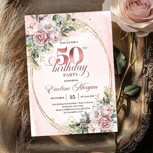 Premium Rose Gold Floral 50th Birthday Invitation Einladung