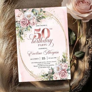 Premium-Roségold-Blumen-Einladung zum 50. Geburtst Einladung