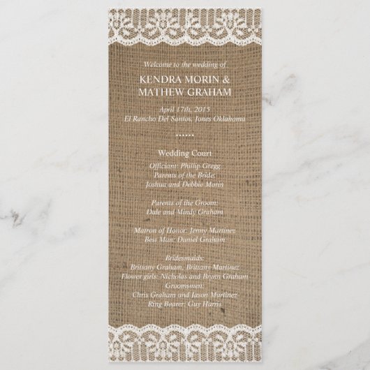 Premium Rustic Burlap Lace Wedding Programme 4x9,2 (Vorderseite)