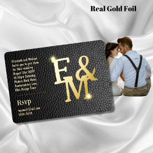 Premium-Schwarz-Gold-Monogramm-Foto-Leder-Look-Fol Folieneinladung