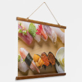 Premium Sushi Art Tapestry – Japanese Elegance Wandteppich Mit Holzrahmen (Gewinkelt)