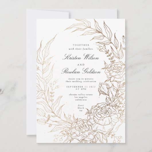 Premium White and Gold Floral Wreath Wedding Einladung (Vorderseite)