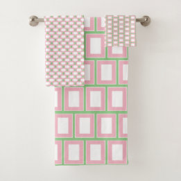 Preppy 1980s Pink White Green Geometric Pattern Badhandtuch Set