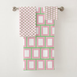 Preppy 1980s Pink White Green Geometric Pattern Badhandtuch Set