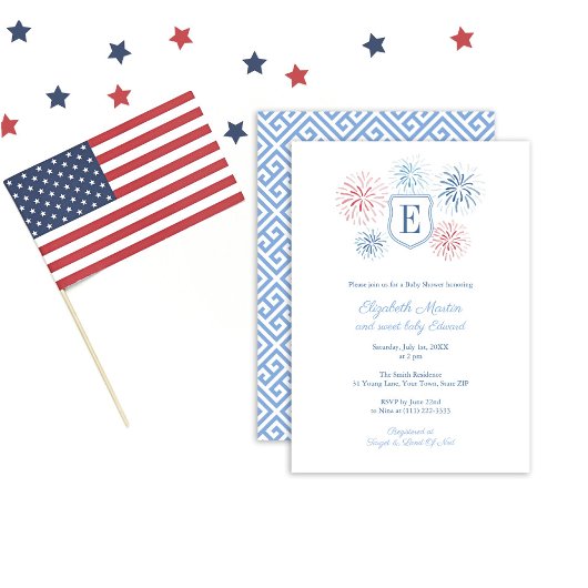 Preppy 4. July Monogram Boy Baby Shooting Party Einladung