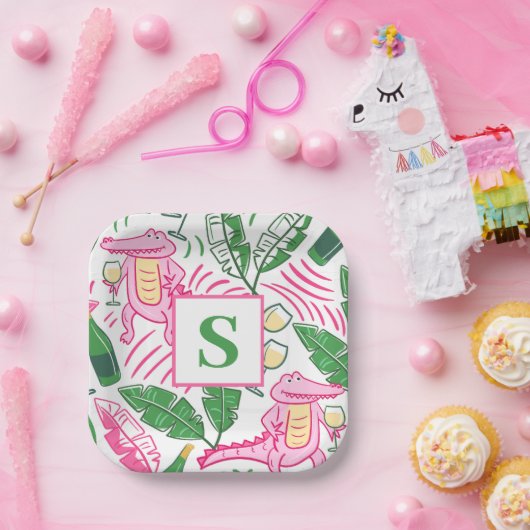 Preppy Alligator Wine Pink Green Monogram Pappteller (Party)