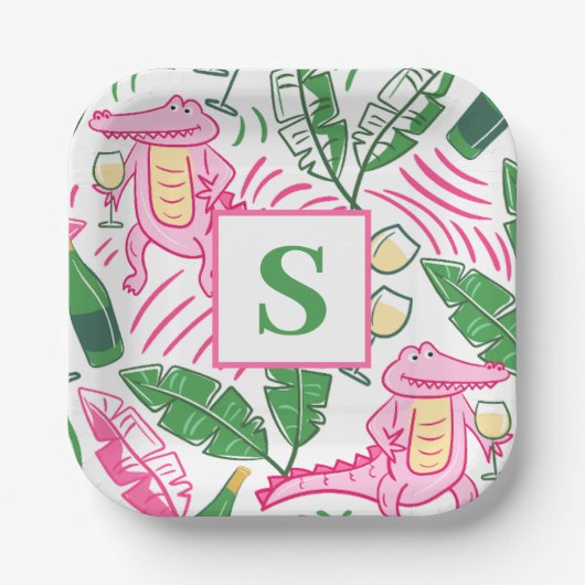 Preppy Alligator Wine Pink Green Monogram Pappteller (Vorderseite)