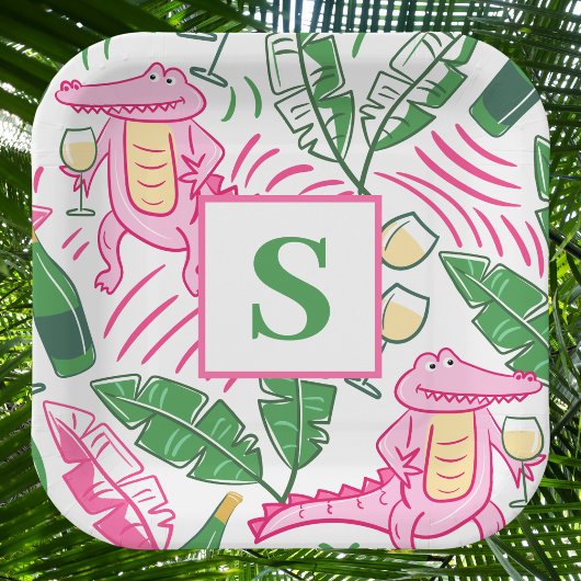 Preppy Alligator Wine Pink Green Monogram Pappteller