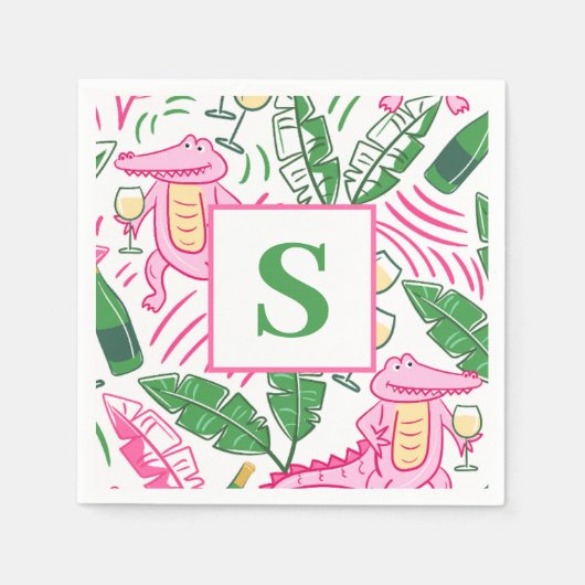 Preppy Alligator Wine Pink Green Monogram Serviette (Vorderseite)