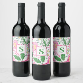 Preppy Alligator Wine Pink Green Monogram Weinetikett