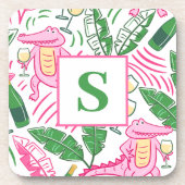 Preppy Alligator Wine Pink Green Monogram White Getränkeuntersetzer (Vorderseite)