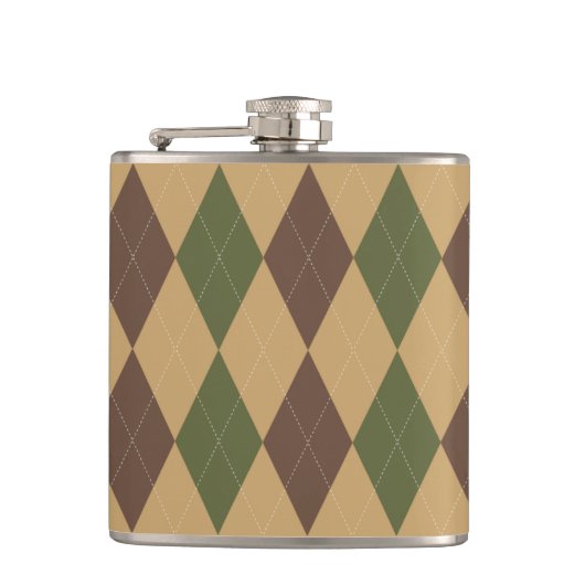 Preppy Argyle Khaki Armee Grün Braun Personalisier Flachmann (Vorderseite)