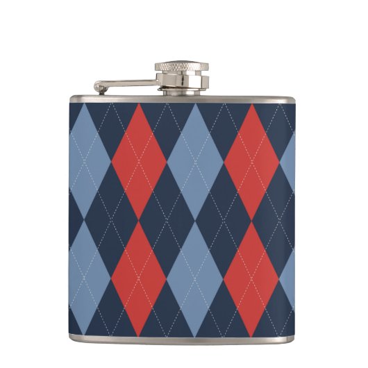 Preppy Argyle Navy Rot Smoke Blau Personalisiert Flachmann (Vorderseite)
