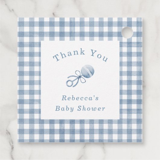 Preppy Baby Boy Blue Gingham mit Rattle Danke Geschenkanhänger (Rückseite)