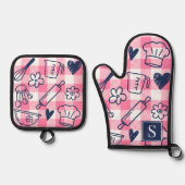 Preppy Baking Pink Gingham  Ofenhandschuh & Topflappen-Set (Vorderseite)
