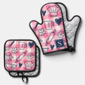 Preppy Baking Pink Gingham  Ofenhandschuh & Topflappen-Set (Vorderseite/Rückseite)