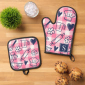 Preppy Baking Pink Gingham  Ofenhandschuh & Topflappen-Set (Oben Unten)