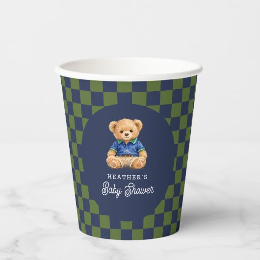 Preppy-Bär-Checkboard-Baby-Shower Pappbecher (Vorderseite)