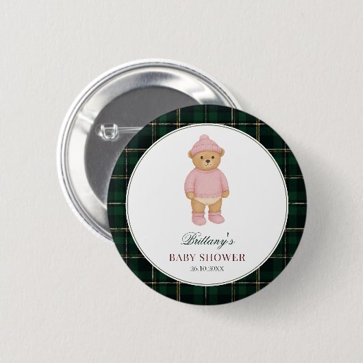 Preppy-Bär-Grün-Kariert-Baby-Party-Button Button (Vorne & Hinten)
