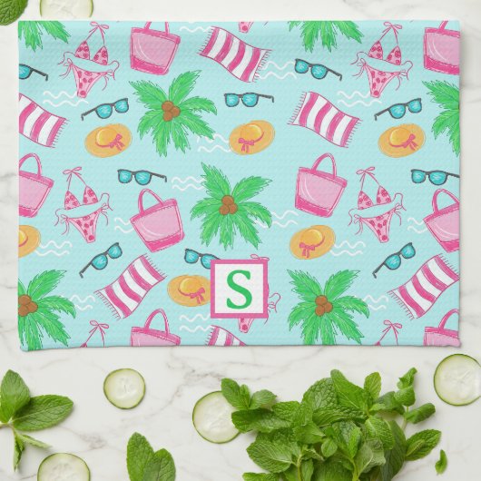 Preppy Beach Coastal Monogram Blue Geschirrtuch (Gefaltet)