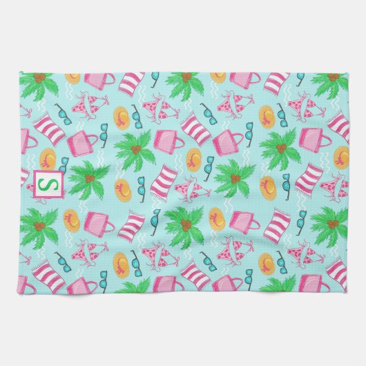 Preppy Beach Coastal Monogram Blue Geschirrtuch (Horizontal)