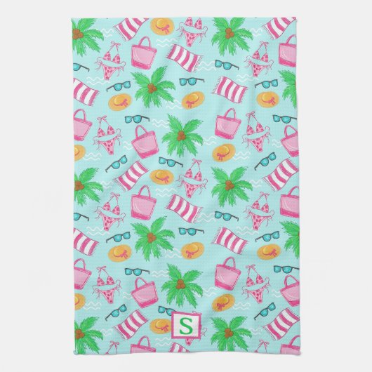 Preppy Beach Coastal Monogram Blue Geschirrtuch (Vertikal)