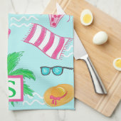 Preppy Beach Palm Tree Monogram Blue Geschirrtuch (Viertel Falte)
