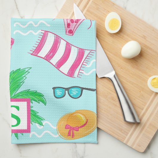 Preppy Beach Palm Tree Monogram Blue Geschirrtuch (Viertel Falte)