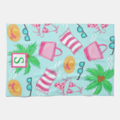 Preppy Beach Palm Tree Monogram Blue Geschirrtuch (Horizontal)