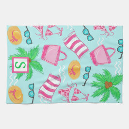 Preppy Beach Palm Tree Monogram Blue Geschirrtuch
