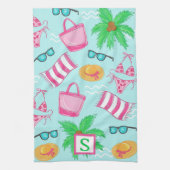 Preppy Beach Palm Tree Monogram Blue Geschirrtuch (Vertikal)
