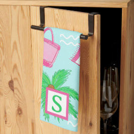 Preppy Beach Palm Tree Monogram Blue Geschirrtuch