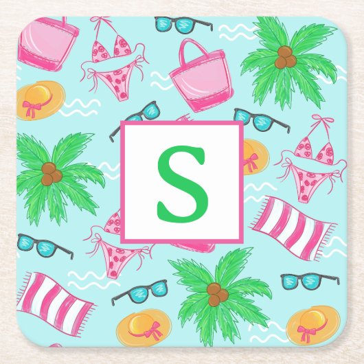 Preppy Beach Palm Trees Monogram Rechteckiger Pappuntersetzer (Vorderseite)